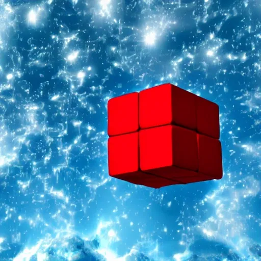 3d red Cube at the center of the image, as a futuristic ship in de middle of the sky, Trippy, 3D