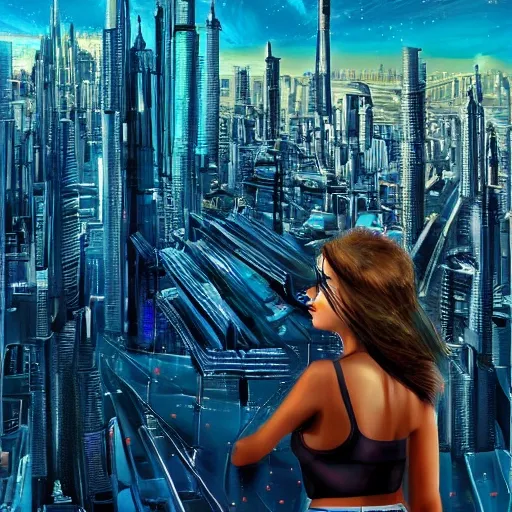 Behold a mesmerizing sight of a young woman amongst a high-tech futuristic cityscape, bursting with vibrant and extreme details." --ar 9:16, 