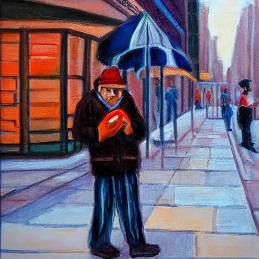 common beggar in the streets of New York, Cartoon, Oil Painting,