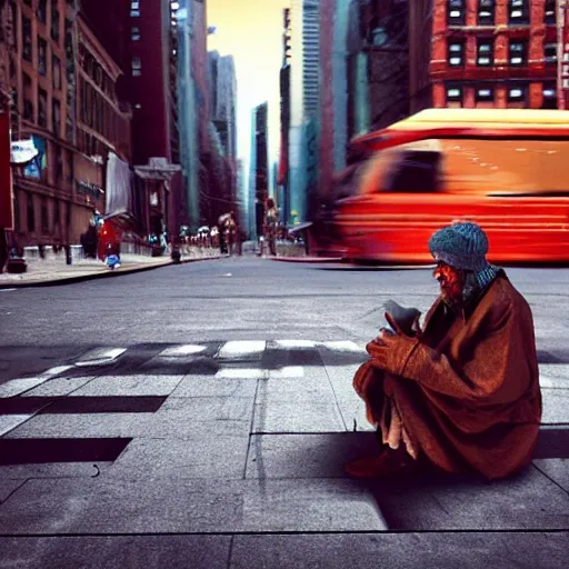 a beggar in the streets of New York, 3D render full, digital art, cinematic landscape