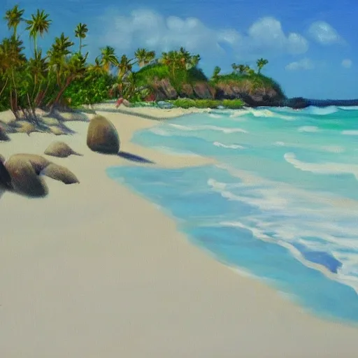 an artistic and realistic rendering of a tulum beach, Oil Painting