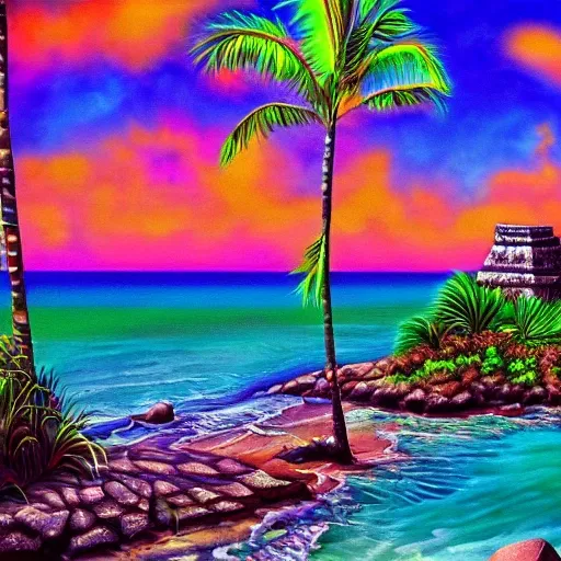 an artistic and realistic rendering of a tulum beach, magical, glowing, sparkly, vivid colors, hyper-detailed, Trippy, 3D