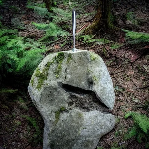 excalibur sword embedded in a rock in the middle of the forest with a halo of light on it