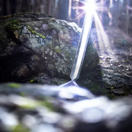 excalibur sword embedded in a rock, with the handle clearly visible, in the middle of the forest with a ray of light on it