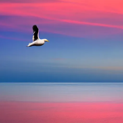 A white bird flying above the sea, seemingly real, in a photograph, deep ocean, small rocks in the sea, a red lighthouse, the time when the sun is setting, 4K, A photograph that seems rea, Trippy