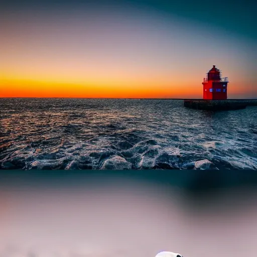 A white bird flying above the sea, seemingly real, in a photograph, deep ocean, small rocks in the sea, a red lighthouse, the time when the sun is setting, 4K, A photograph that seems rea, Trippy, 3D