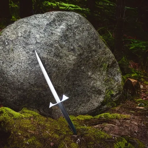 a realistic excalibur sword embedded in a rock, with the handle clearly visible, in the middle of the forest with a ray of light on it, 3D