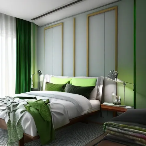 a one room furnished bedroom with interior design that has a touch of urban influence with mid-century modern design with hints of forest green and mainly white., 3D