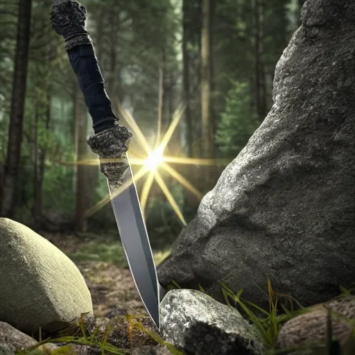 a realistic excalibur sword stuck in a rock, with the handle clearly visible, in the middle of the forest with a ray of light,realistic shaded, fine details, 3D