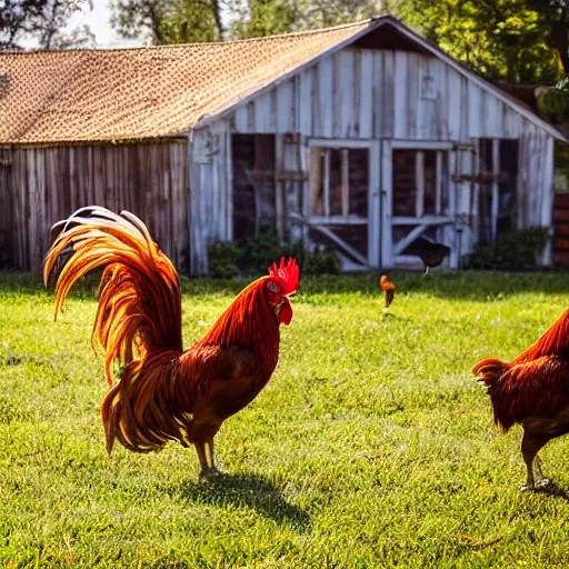 The scene of a rooster and other animals playing on the farm is colorful and full of life. Outdoor, natural light, large aperture lens, wide-angle shooting, a sense of rhythm.
