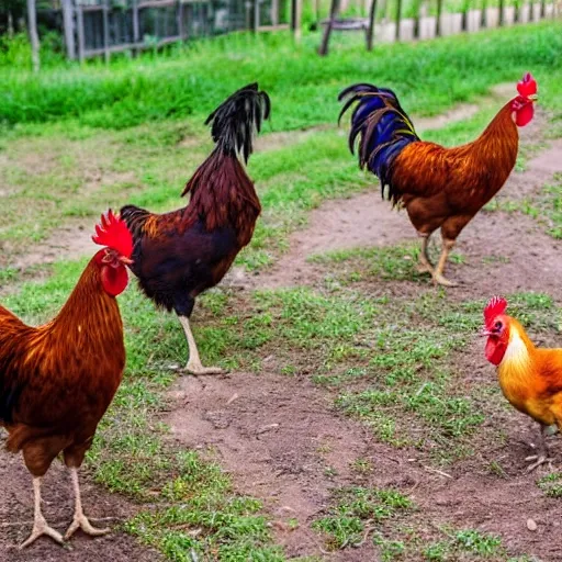 The scene of a rooster and other animals playing on the farm is colorful and full of life. Outdoor, natural light, large aperture lens, wide-angle shooting, a sense of rhythm., Cartoon