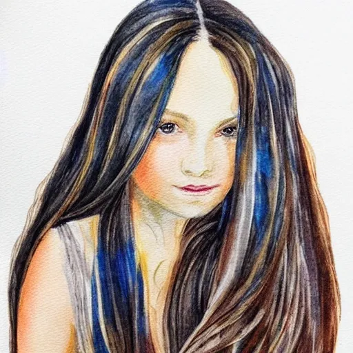 portrait of a very beautiful girl with long hair, Water Color