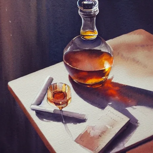 table with whisky, cognac, and vodka, watercolor, warm colors, by greg rutkowski, iridescent accents, ray tracing, product lighting, sharp, smooth, masterpiece