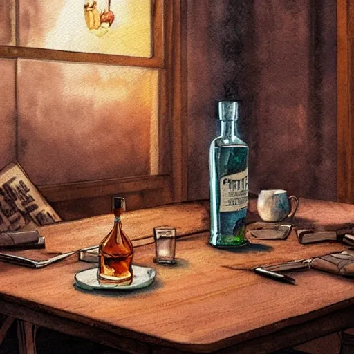 table with whisky, cognac, and vodka, watercolor pen by brad mesina, product lighting, style Anton Fadeev, thomas kinkade, greg rutkowski, Water Color