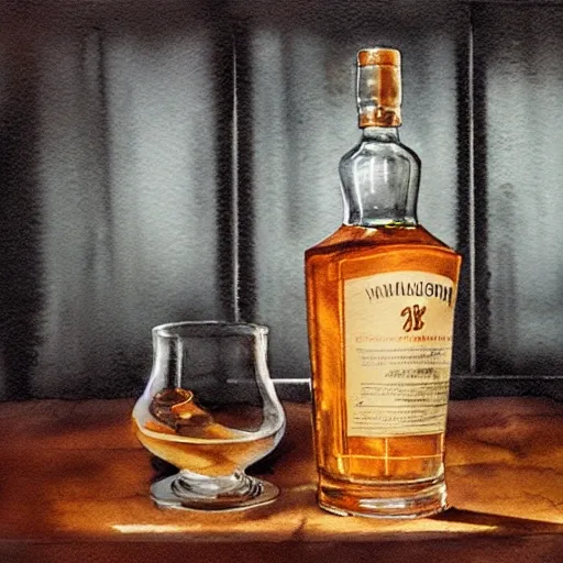 table with whisky, cognac, and vodka, watercolor, warm colors, by greg rutkowski, iridescent accents, ray tracing, product lighting, sharp, smooth, masterpiece