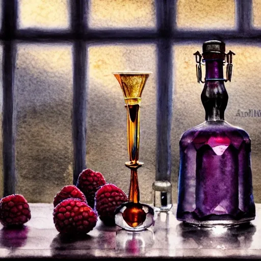 On the table stands a crystal glass with raspberry liqueur. Faceted sides, a delicate stem for the glass, watercolor pen by brad mesina, product lighting, style Anton Fadeev, thomas kinkade, greg rutkowski, Water Color, product lighting