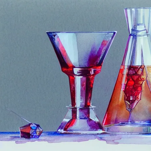 On the table stands a crystal glass with red liqueur. Faceted sides, a delicate stem for the glass, watercolor pen by brad mesina, product lighting, style Anton Fadeev, thomas kinkade, greg rutkowski, Water Color, product lighting