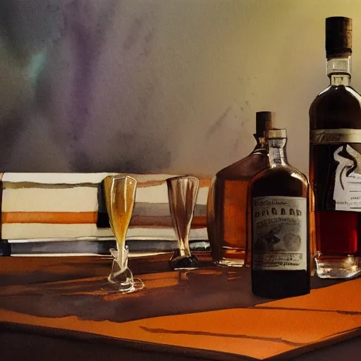 table with whisky, cognac, and vodka, watercolor pen by brad mes ...