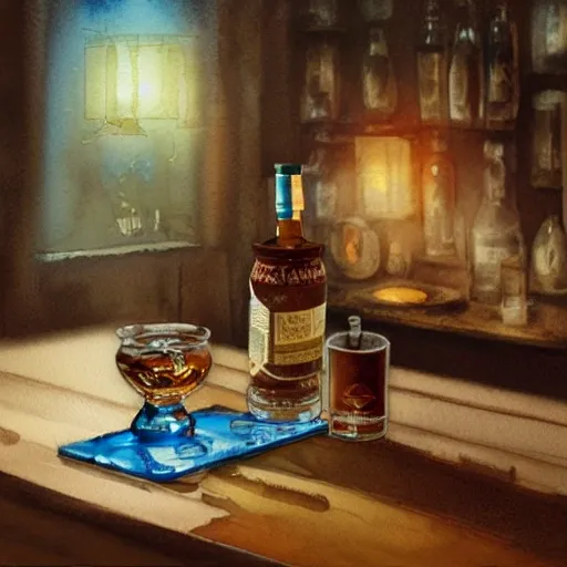 table with whisky, cognac, and vodka, watercolor pen by brad mesina, product lighting, style Anton Fadeev, thomas kinkade, greg rutkowski, Water Color