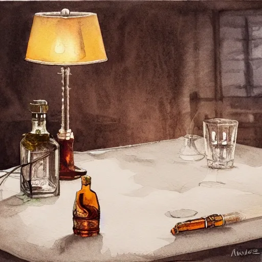 table with whisky, cognac, and vodka, watercolor pen by brad mesina, product lighting, style Anton Fadeev, thomas kinkade, greg rutkowski, Water Color, product lighting