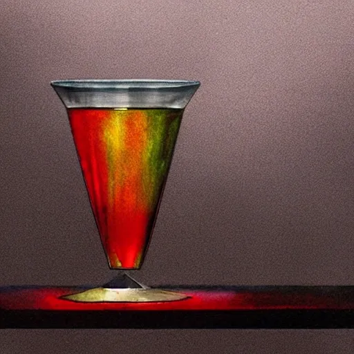 On the table stands a crystal glass with red liqueur. Faceted sides, a delicate stem for the glass, watercolor, warm colors, by greg rutkowski, iridescent accents, ray tracing, product lighting, sharp, smooth, masterpiece