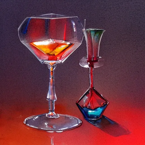 On the table stands a crystal glass with red liqueur. Faceted sides, a delicate stem for the glass, watercolor pen by brad mesina, product lighting, style Anton Fadeev, thomas kinkade, greg rutkowski, Water Color, product lighting