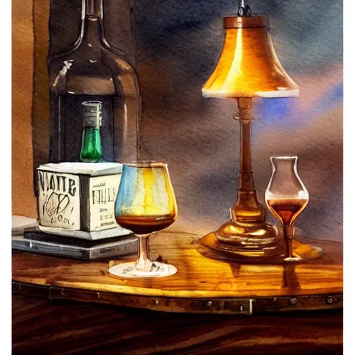 table with whisky, cognac, and vodka, watercolor pen by brad mesina, product lighting, style Anton Fadeev, thomas kinkade, greg rutkowski, Water Color