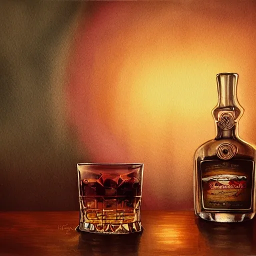 table with whisky, cognac, and vodka, watercolor pen by brad mesina, product lighting, style Anton Fadeev, thomas kinkade, greg rutkowski, Water Color, product lighting