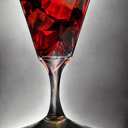 On the table stands a crystal glass with red liqueur. Faceted sides, a delicate stem for the glass, watercolor pen by brad mesina, product lighting, style Anton Fadeev, thomas kinkade, greg rutkowski, Water Color, product lighting