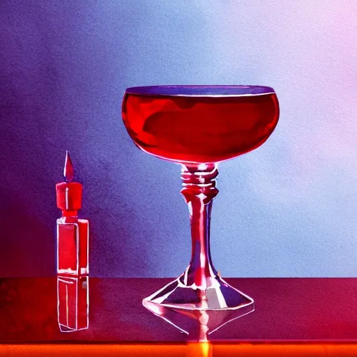 On the table stands a crystal glass with red liqueur. Faceted sides, a delicate stem for the glass, watercolor pen by brad mesina, product lighting, style Anton Fadeev, thomas kinkade, greg rutkowski, Water Color, product lighting