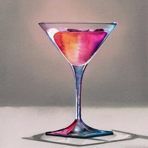 On the table stands a crystal glass with pink liqueur. Faceted sides, a delicate stem for the glass, watercolor, warm colors, by greg rutkowski, iridescent accents, ray tracing, product lighting, sharp, smooth, masterpiece