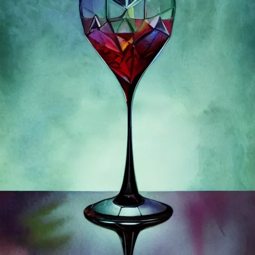 On the table stands a crystal glass with red liqueur. Faceted sides, a delicate stem for the glass, watercolor pen by brad mesina, product lighting, style Anton Fadeev, thomas kinkade, greg rutkowski, Water Color, product lighting