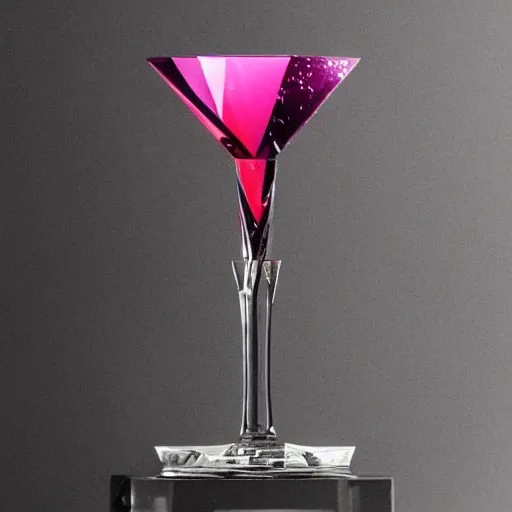 On the table stands a crystal glass with pink liqueur. Faceted sides, a delicate stem for the glass, watercolor, warm colors, by greg rutkowski, iridescent accents, ray tracing, product lighting, sharp, smooth, masterpiece