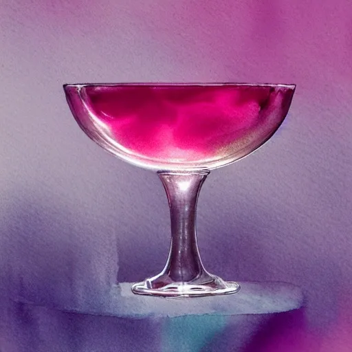 On the table stands a crystal glass with pink liqueur. Faceted sides, a delicate stem for the glass, watercolor pen by brad mesina, product lighting, style Anton Fadeev, thomas kinkade, greg rutkowski, Water Color, product lighting