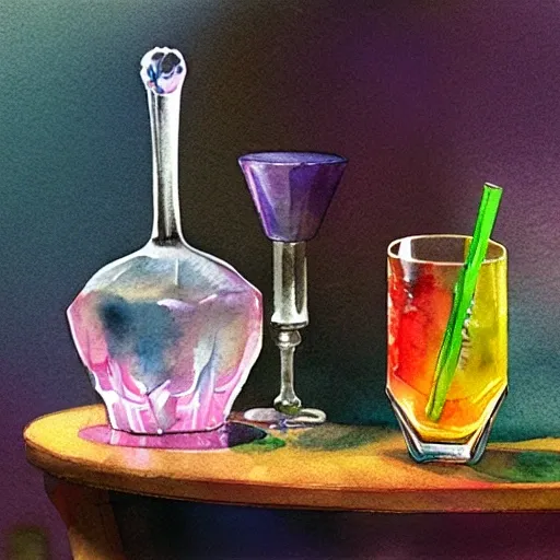 On the table stands a small crystal glass with pink liqueur. Faceted sides, a delicate stem for the glass, watercolor pen by brad mesina, product lighting, style Anton Fadeev, thomas kinkade, greg rutkowski, Water Color, product lighting