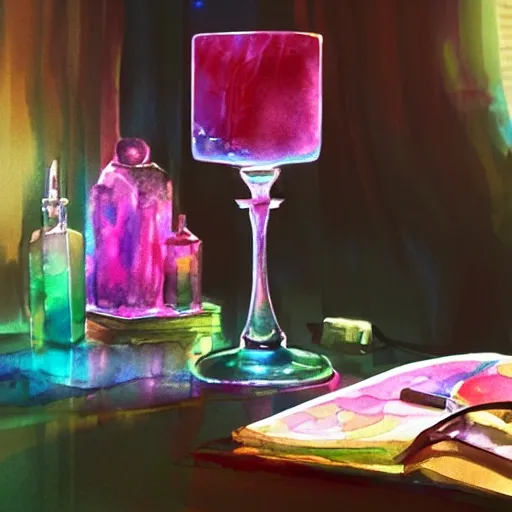 On the table stands a crystal glass with pink liqueur, watercolor pen by brad mesina, product lighting, style Anton Fadeev, thomas kinkade, greg rutkowski, Water Color