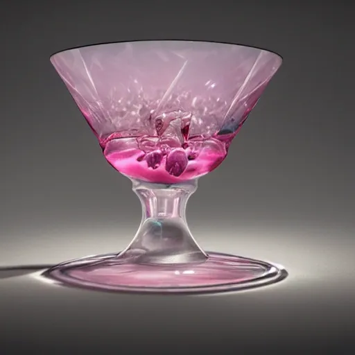 On the table stands a crystal glass with pink liqueur. Faceted sides, a delicate stem for the glass, watercolor, warm colors, by greg rutkowski, iridescent accents, ray tracing, product lighting, sharp, smooth, masterpiece