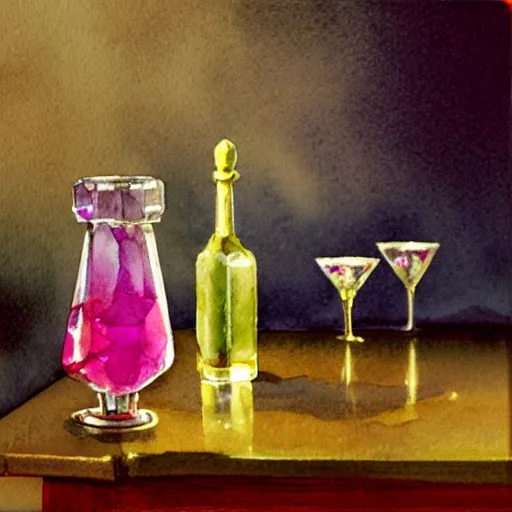 On the table stands a small crystal glass with pink liqueur. Faceted sides, a delicate stem for the glass, watercolor pen by brad mesina, product lighting, style Anton Fadeev, thomas kinkade, greg rutkowski, Water Color, product lighting