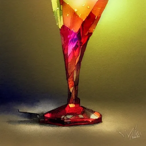 On the table stands a small crystal glass with light-red liqueur. Faceted sides, a delicate stem for the glass, watercolor pen by brad mesina, product lighting, style Anton Fadeev, thomas kinkade, greg rutkowski, Water Color, product lighting