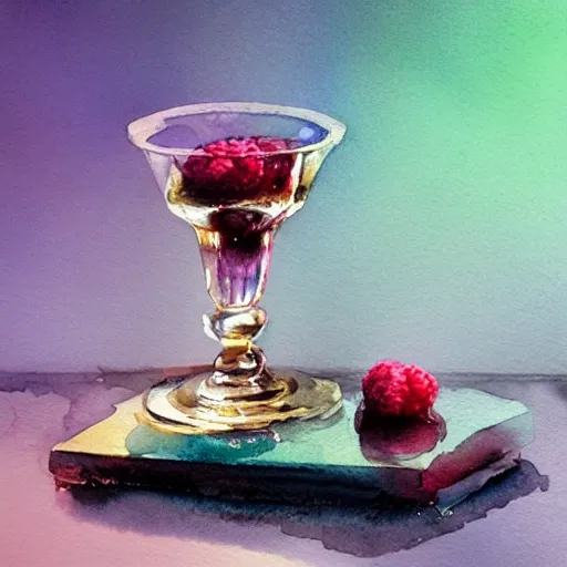 On the table stands a small crystal glass with raspberry liqueur, watercolor pen by brad mesina, product lighting, style Anton Fadeev, thomas kinkade, greg rutkowski, Water Color