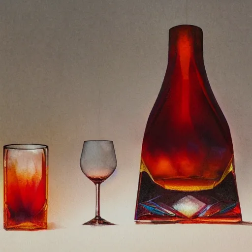 On the table stands a small crystal glass with red liqueur. Faceted sides, a delicate stem for the glass, watercolor, warm colors, by greg rutkowski, iridescent accents, ray tracing, product lighting, sharp, smooth, masterpiece