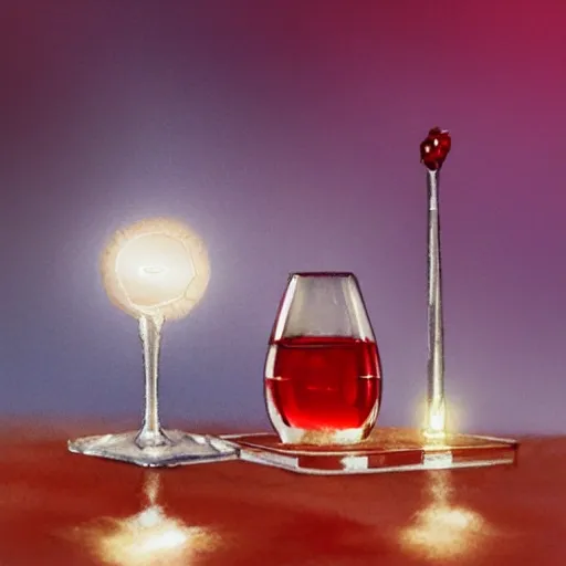 On the table stands a small crystal glass with light-red liqueur. Faceted sides, a delicate stem for the glass, watercolor pen by brad mesina, product lighting, style Anton Fadeev, thomas kinkade, greg rutkowski, Water Color, product lighting