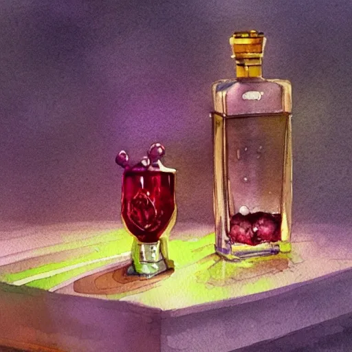 On the table stands a small crystal glass with raspberry liqueur, watercolor pen by brad mesina, product lighting, style Anton Fadeev, thomas kinkade, greg rutkowski, Water Color