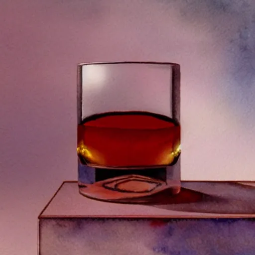 On the table stands a small crystal glass with red liqueur. Faceted sides, a delicate stem for the glass, watercolor, warm colors, by greg rutkowski, iridescent accents, ray tracing, product lighting, sharp, smooth, masterpiece