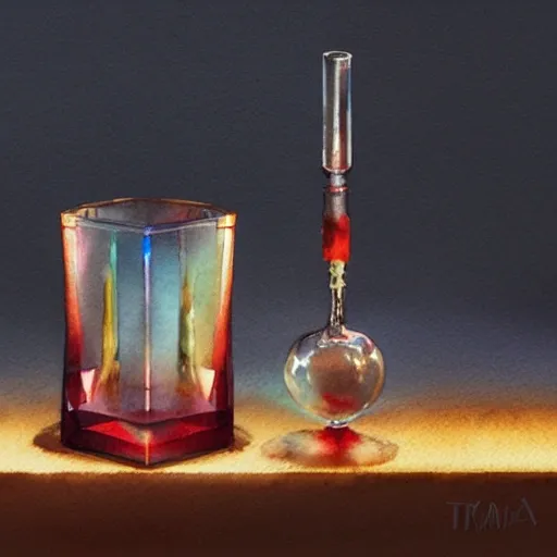 On the table stands a small crystal glass with light-red liqueur. Faceted sides, a delicate stem for the glass, watercolor pen by brad mesina, product lighting, style Anton Fadeev, thomas kinkade, greg rutkowski, Water Color, product lighting