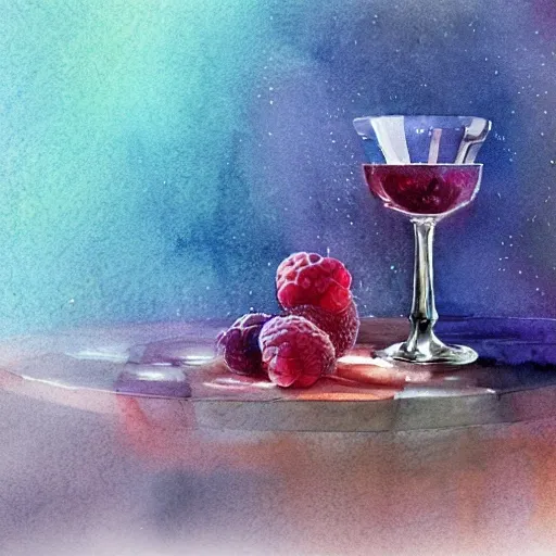 On the table stands a small crystal glass with raspberry liqueur, watercolor pen by brad mesina, product lighting, style Anton Fadeev, thomas kinkade, greg rutkowski, Water Color