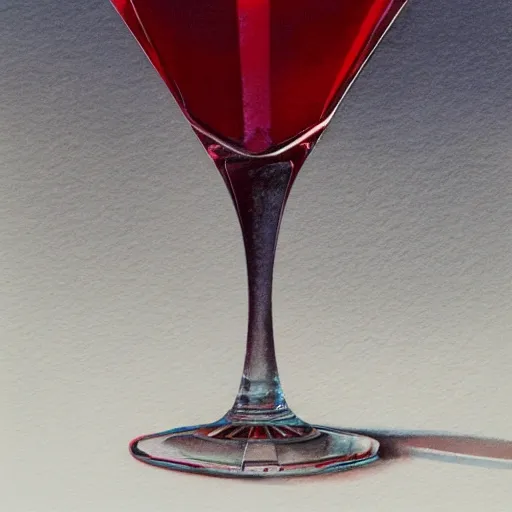 On the table stands a small crystal glass with red liqueur. Faceted sides, a delicate stem for the glass, watercolor, warm colors, by greg rutkowski, iridescent accents, ray tracing, product lighting, sharp, smooth, masterpiece