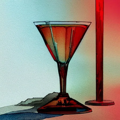 On the table stands a small crystal glass with light-red liqueur. Faceted sides, a delicate stem for the glass, watercolor pen by brad mesina, product lighting, style Anton Fadeev, thomas kinkade, greg rutkowski, Water Color, product lighting