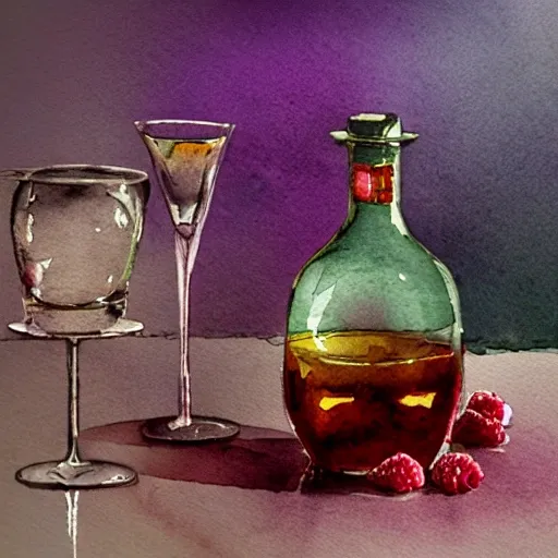 On the table stands a small crystal glass with raspberry liqueur, watercolor pen by brad mesina, product lighting, style Anton Fadeev, thomas kinkade, greg rutkowski, Water Color