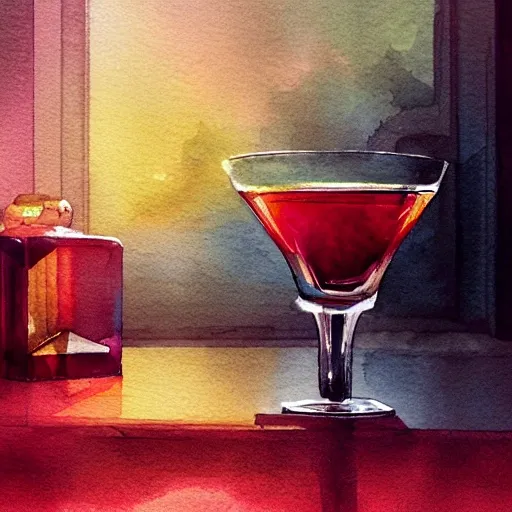 On the table stands a small crystal glass with light-red liqueur. Faceted sides, a delicate stem for the glass, watercolor pen by brad mesina, product lighting, style Anton Fadeev, thomas kinkade, greg rutkowski, Water Color, product lighting